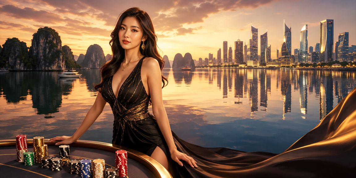Khung cảnh vịnh Hạ Long với người dùng kiểm tra thông tin hoàn tiền và ưu đãi cá cược trên điện thoại