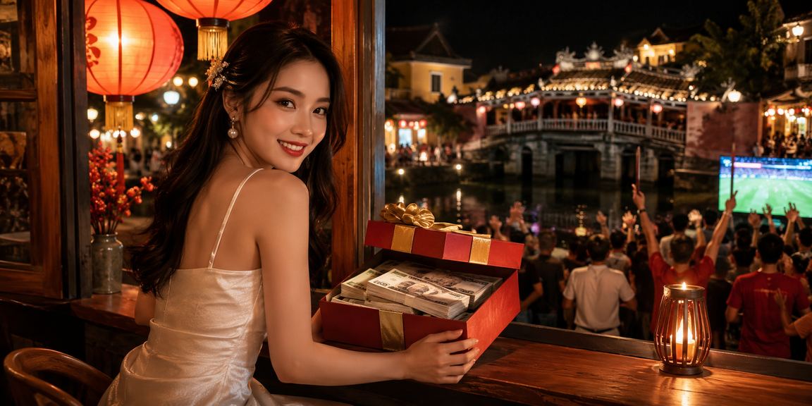Khung cảnh quán cà phê Hội An với người dùng theo dõi sự kiện thể thao trên điện thoại di động